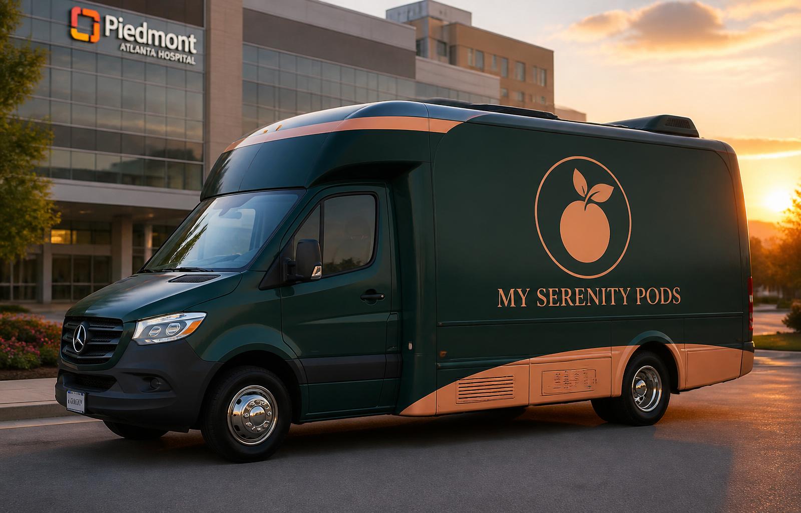 My Serenity Pods mobile delivery bus with logo, parked at Piedmont Atlanta Hospital